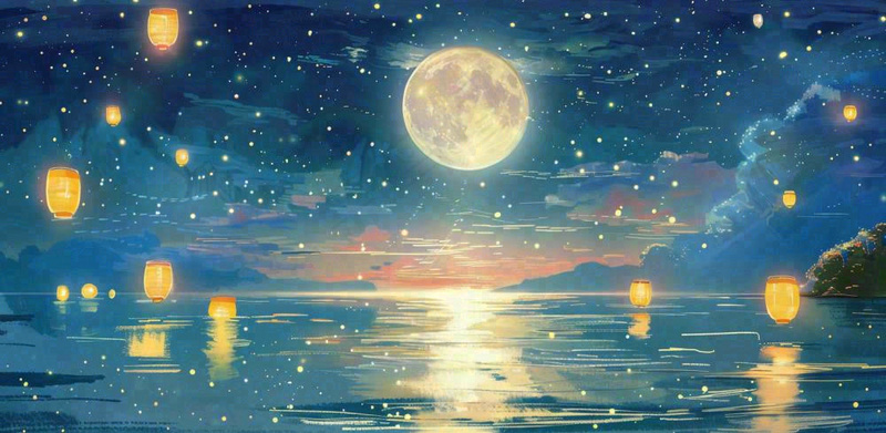 月亮中秋节河灯中元节风景唯美插画背景