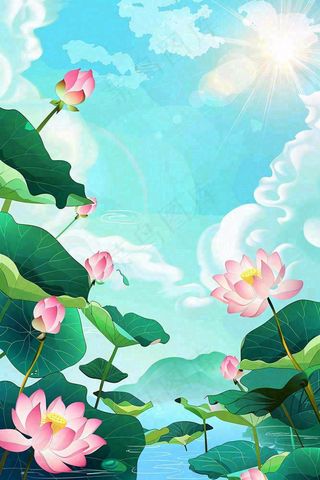 炎炎夏日烈日荷花池荷叶蓝天立夏小暑大暑处暑卡通插画背景