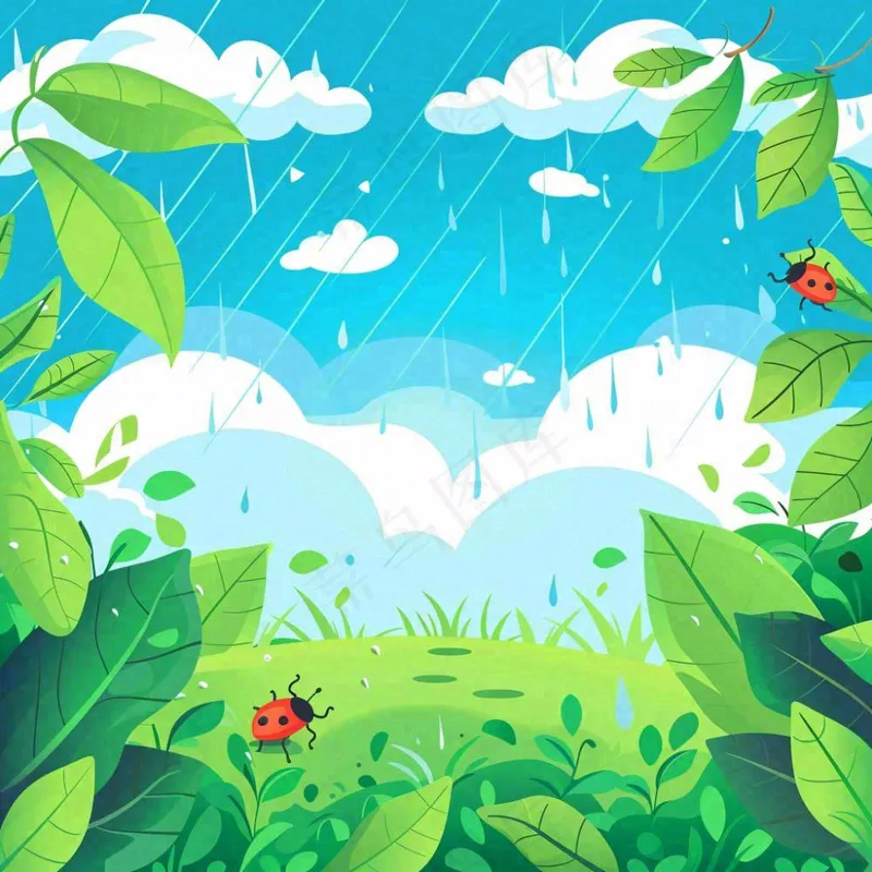 惊蛰雨水谷雨春天卡通手绘插画瓢虫昆虫绿色花草卡通插画背景(1024x1024)