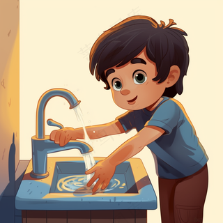 清洗手部男孩在洗手台洗手注意卫生卡通插画背景