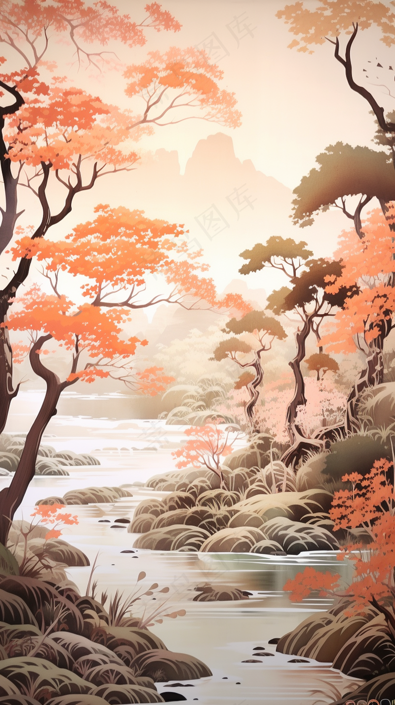 国风山水画河流花草国画水墨画素材背景(2448x4368)