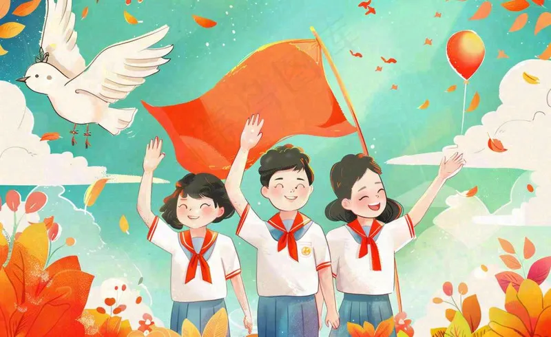 卡通红领巾学生举手旗帜和平鸽班长竞选祖国花朵国庆卡通插画背景(1408x864)