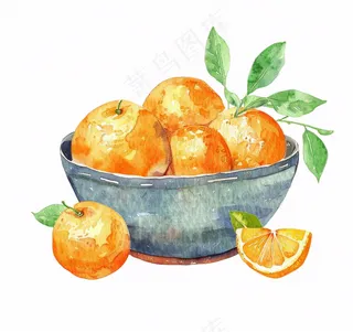 橘子一碗橙子水果水彩画免抠