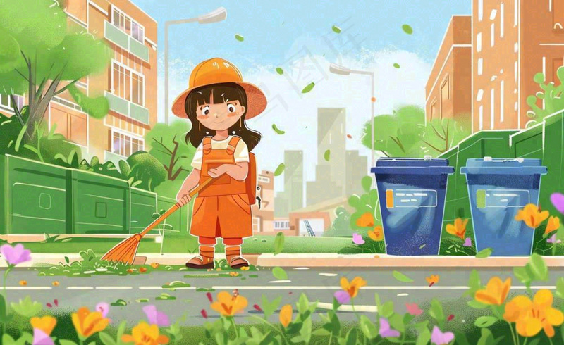 环卫工人清洁街道劳动职业保护环境城市卫生卡通插画背景