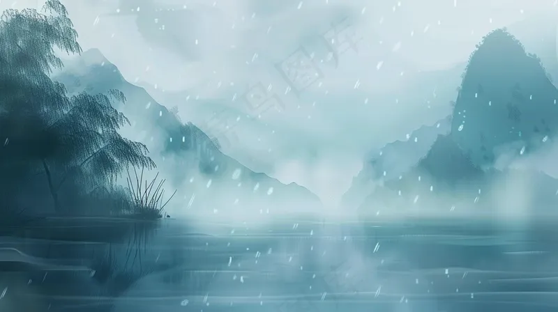 水墨山水画阴雨连绵青山插画背景(4368x2448)