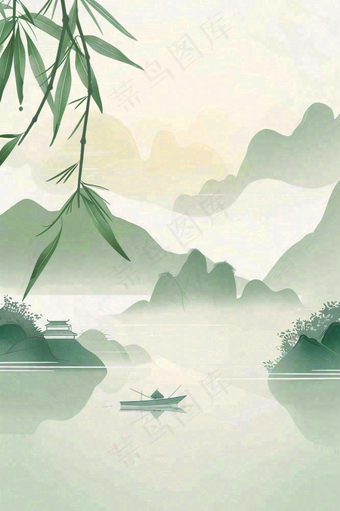 水墨画山水小船绿水青山清明端午插画背景(896x1344)