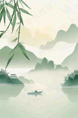 水墨画山水小船绿水青山清明端午插画背景