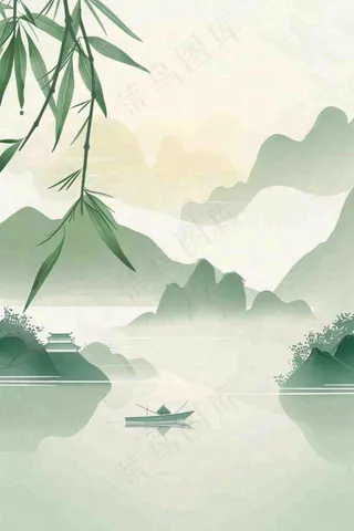 水墨画山水小船绿水青山清明端午插画背景