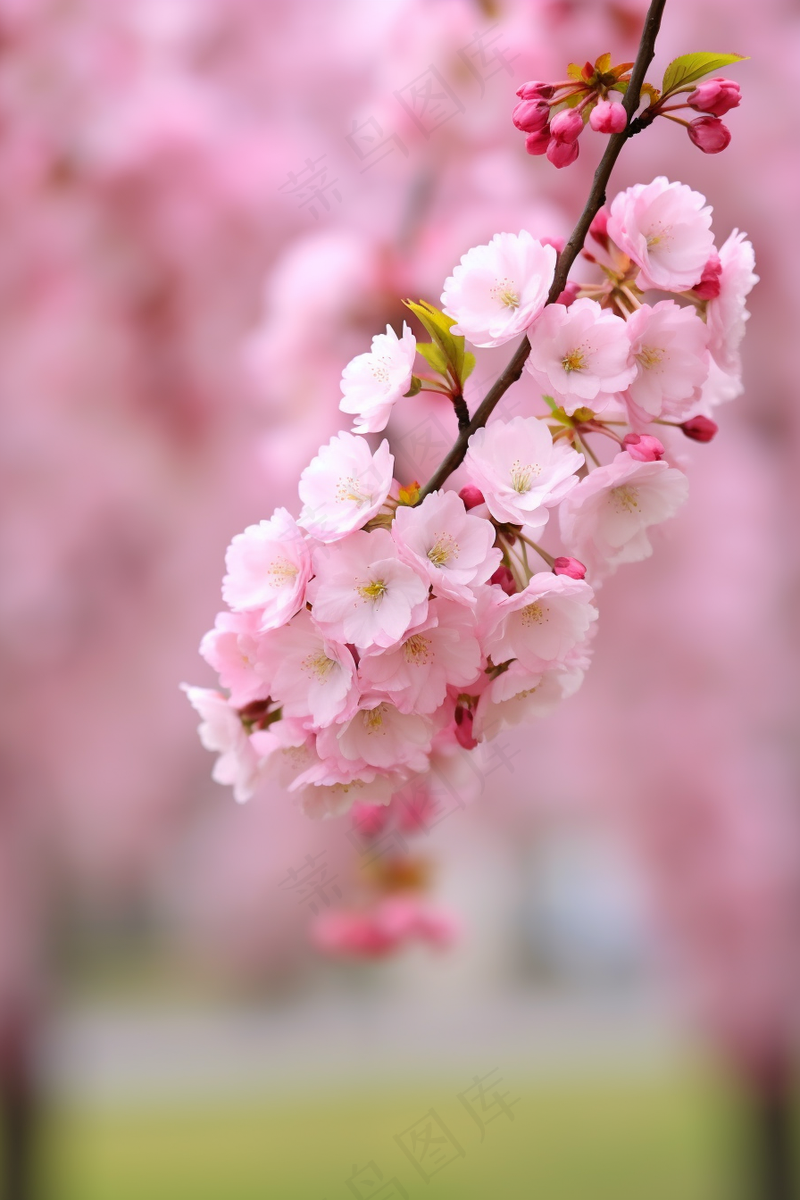 粉梅花春天桃花樱花树枝抽新芽摄影图