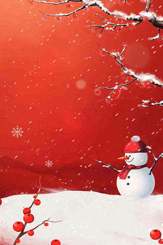 红色宫墙背景白色雪人梅花冬至新年春节小年喜庆卡通插画背景(896x1344)