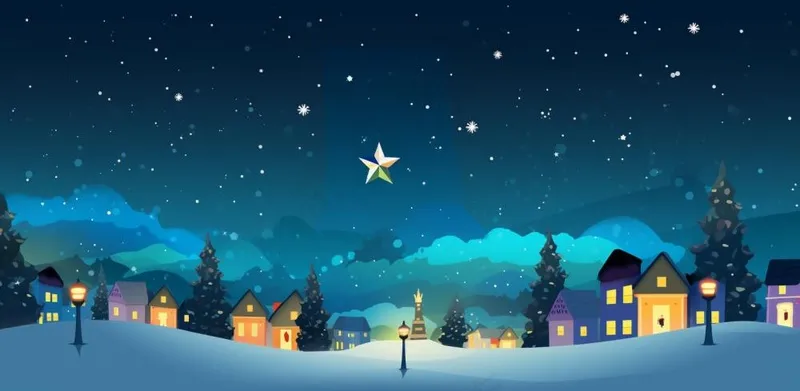 冬季雪天圣诞小镇装饰夜晚节日氛围卡通插画背景(1568x768)