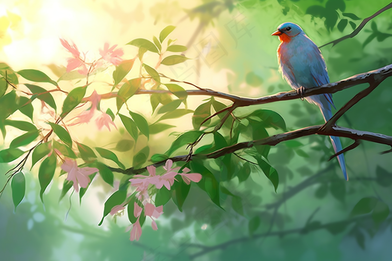 树枝上的小鸟古风卡通插画背景(4032x2688)