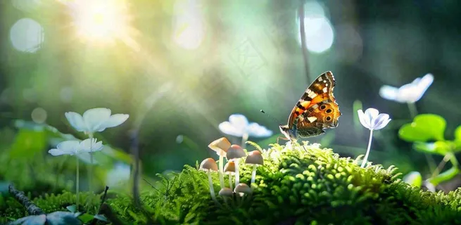 阳光斑驳下的蝴蝶苔藓蘑菇春天森林春分惊蛰摄影图