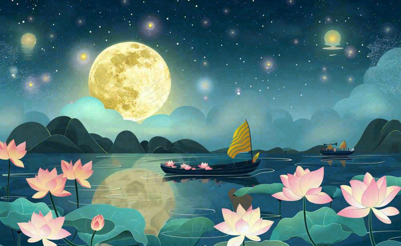 中秋夜晚赏月荷花山水河流中的帆船舟月亮倒映水面中元节寒露插画背景(1408x864)