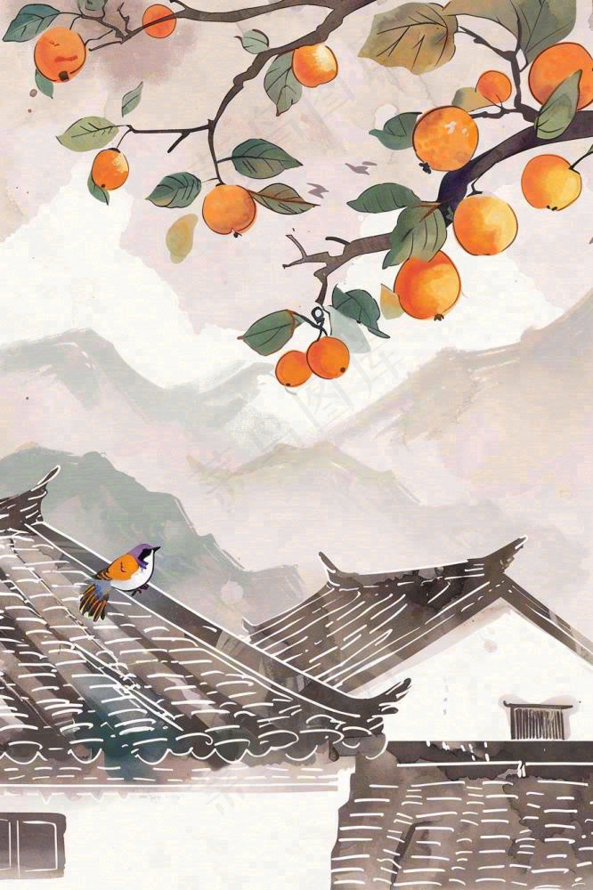 秋天婺源村庄柿子树老式建筑屋檐中国风国画水彩立秋秋分处暑背景(896x1344)