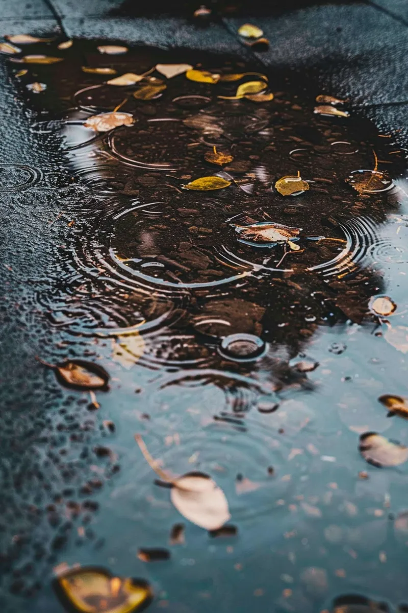 金秋下雨天的路面水洼落叶摄影图(2688x4032)