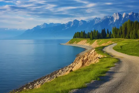 湖畔公路大自然风景摄影图