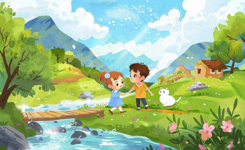 春天出游踏青森林公园小溪小桥樱花小孩宠物立春春分惊蛰绿色卡通插画背景