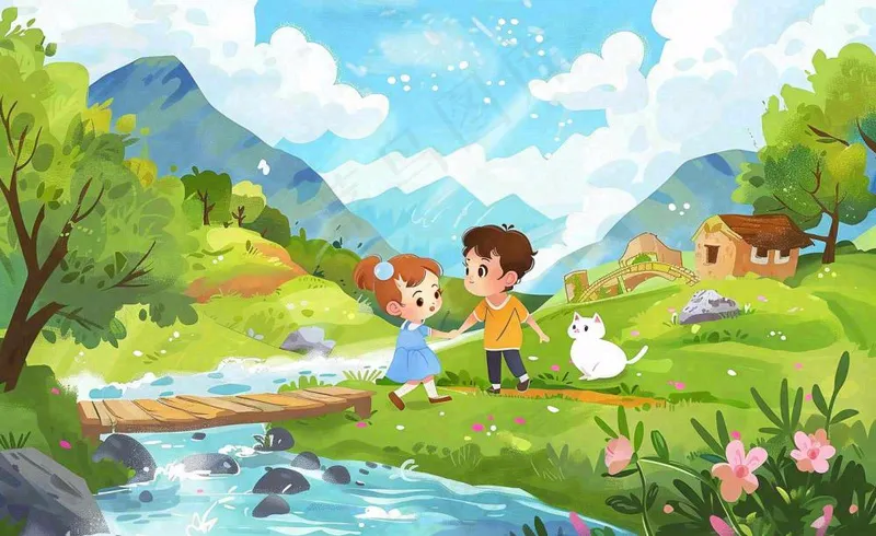 春天出游踏青森林公园小溪小桥樱花小孩宠物立春春分惊蛰绿色卡通插画背景(1408x864)