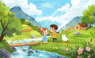 春天出游踏青森林公园小溪小桥樱花小孩宠物立春春分惊蛰绿色卡通插画背景