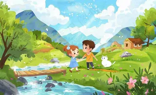 春天出游踏青森林公园小溪小桥樱花小孩宠物立春春分惊蛰绿色卡通插画背景