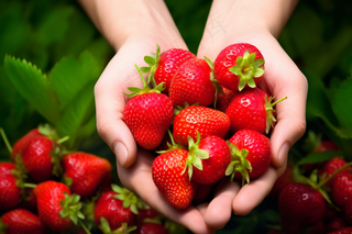 新鲜采摘草莓手捧摄影图 