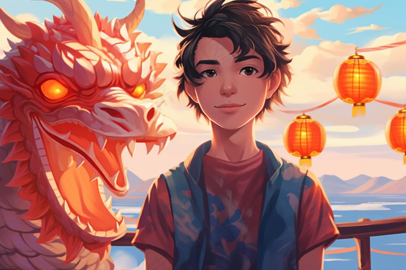 少年男孩和龙中国龙节日庆祝插画背景