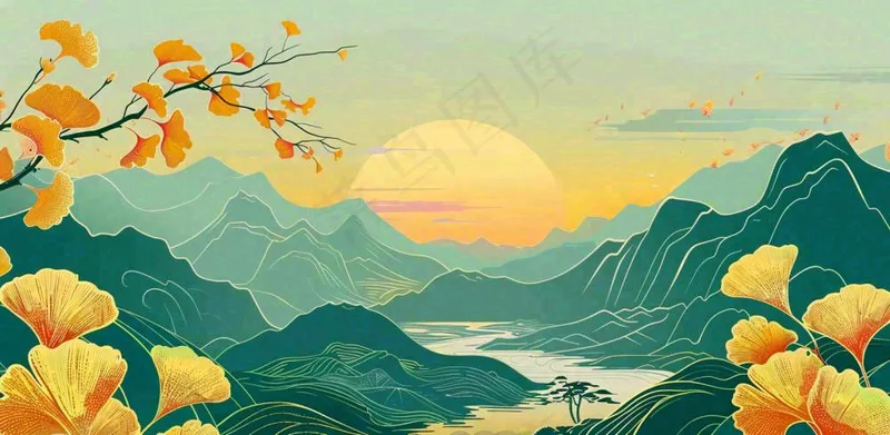 国潮风中国山水秋天落日银杏青山中秋重阳插画背景(1568x768)