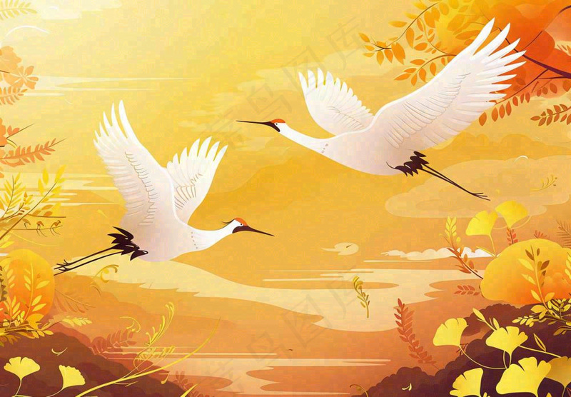 金色银杏仙鹤重阳节山脉中式祥云山水秋天古风中国风手绘背景重阳节