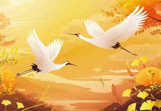 金色银杏仙鹤重阳节山脉中式祥云山水秋天古风中国风手绘背景重阳节