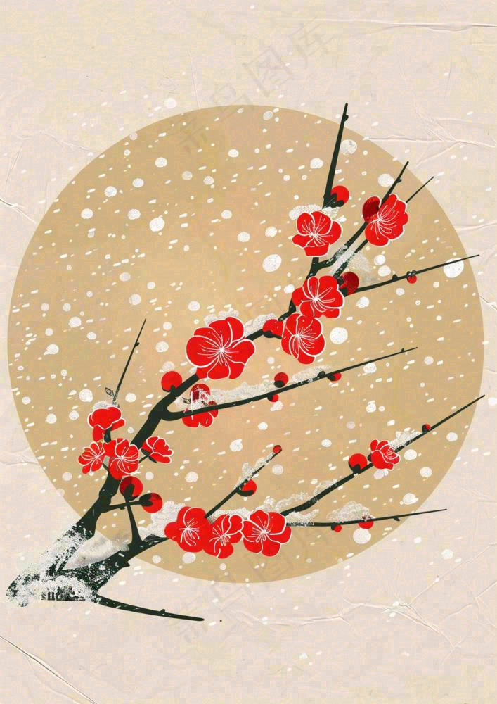 冬天梅花红圆形背景纸张纹理古风国风节日小年插画背景(928x1312)