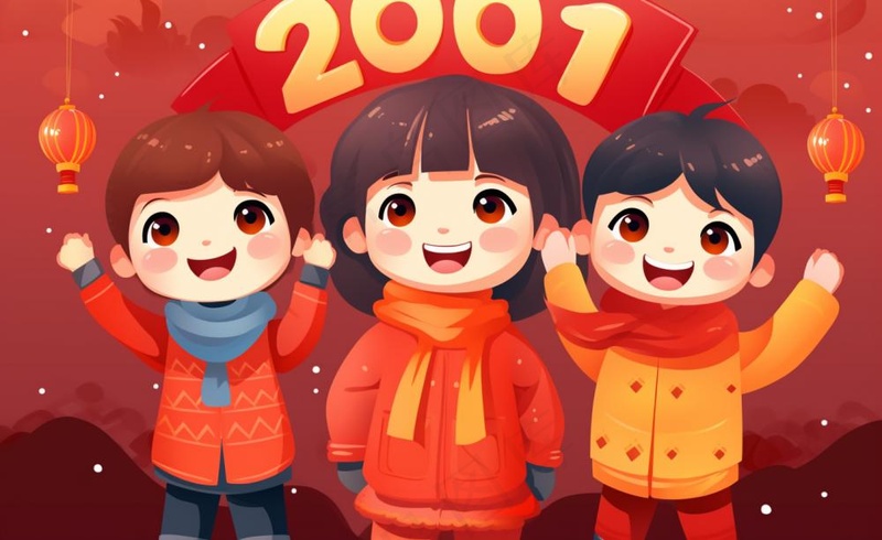 新年张灯结彩孩子们玩乐喜庆红色氛围庆祝卡通插画背景(1408x864)