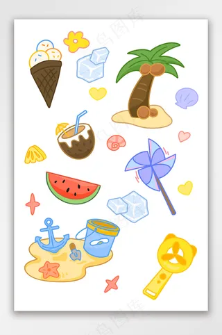 夏日沙滩西瓜椰汁椰树冰块元素