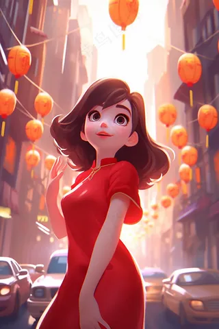 新年春节红色中式旗袍的女孩张灯结彩喜庆卡通插画插图背景
