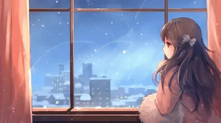 冬天窗边看雪的少女漫画插画背景