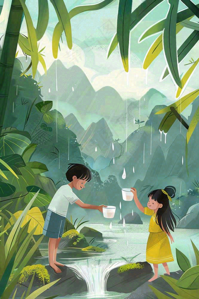 夏天孩子们在森林丛林小溪玩水嬉水处暑夏至卡通插画背景(896x1344)