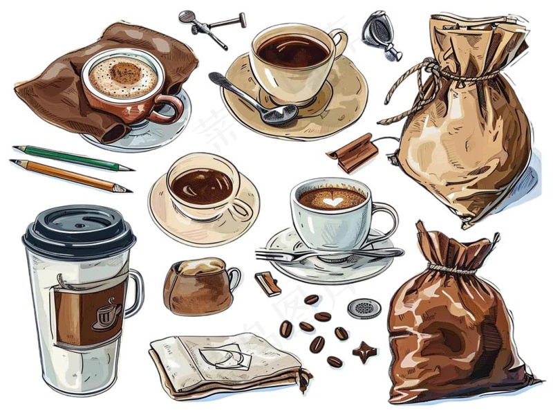 咖啡元素手绘卡通插画素材免抠