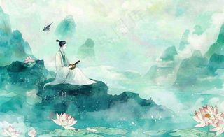 古风屈原人物山水画荷花端午时节中国风水墨插画背景