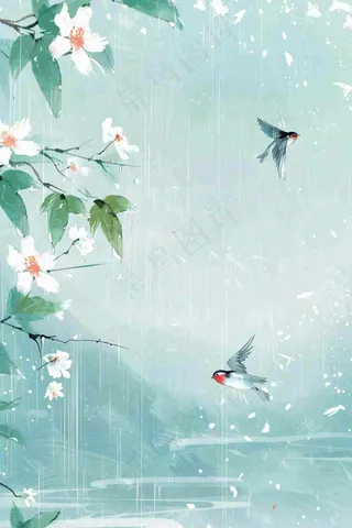 春天梅雨季山间燕子白花花朵雨水谷雨惊蛰寒露水墨插画背景