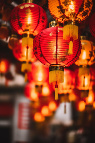 红灯笼新年屋檐挂着点亮的红灯笼中国风摄影图