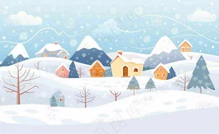 立冬冬至雪山森林山脚下的小镇白雪卡通插画背景
