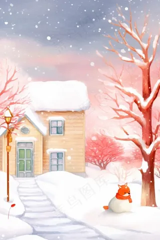 可爱雪景雪人木屋插画背景