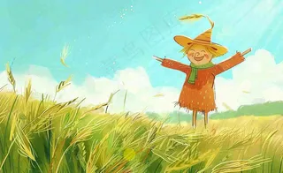 秋天插画唯美清新黄色手绘立秋秋天丰收稻田稻草人风景芒种秋分插画背景