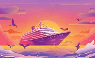 夕阳落日下的海上邮轮船海鸥度假旅游建军卡通插画背景