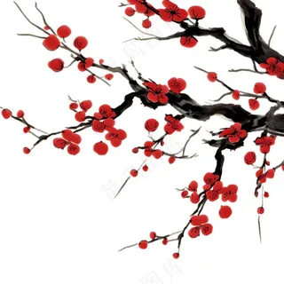 梅花红色冬天国画水彩画免抠