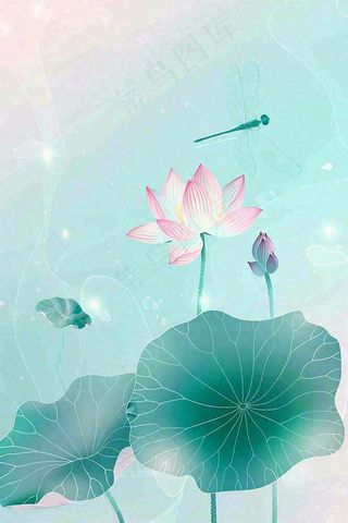 夏天小清新荷花荷叶静雅弥散风绿粉色蜻蜓立夏夏至处暑插画背景