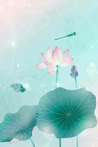 夏天小清新荷花荷叶静雅弥散风绿粉色蜻蜓立夏夏至处暑插画背景