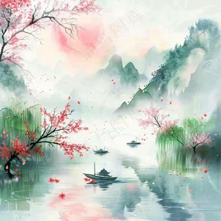 水墨江南山水画桃花青山春分清明惊蛰节气背景