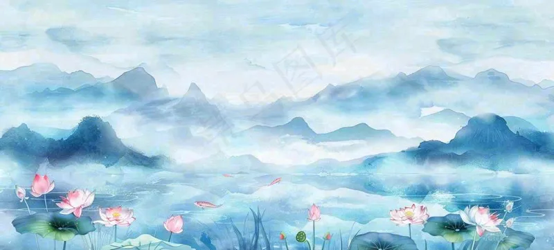 夏天水墨画山水荷花莲花蓝色插画立夏夏至大暑背景(1568x708)