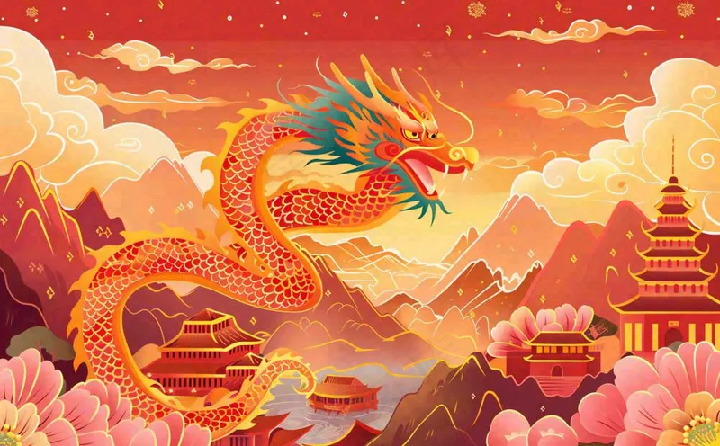 龙年新年春节喜庆红色古风国潮风祥云小年除夕卡通插画背景(1392x864)